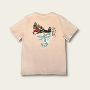 h clothing - sandy tanned tshirt with graphic of face and garden design on white background