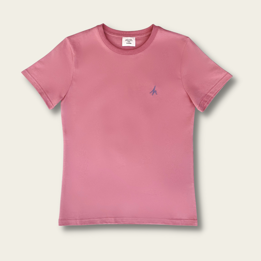 h clothing - pastel pink tshirt with blue h logo on white background