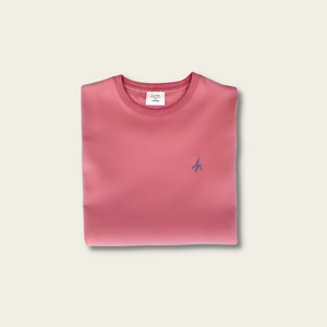 h clothing - folded pastel pink tshirt with blue h logo on white background