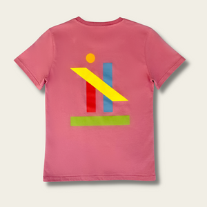h clothing - pastel pink tshirt with graphic of colourful geometric shapes on white background