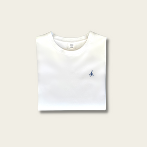 h clothing - folded white tshirt with blue h logo on white background