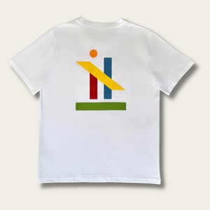 h clothing - white tshirt with graphic of colourful geometric shapes on white background