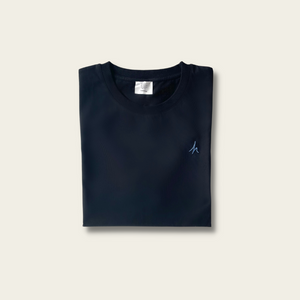 h clothing - flat shot of front of folded black tshirt with blue h logo on left breast