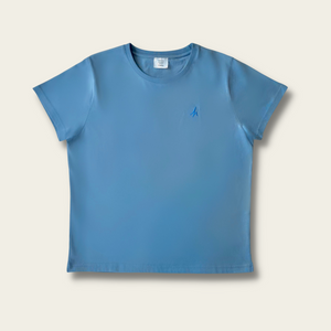 h clothing - flat shot of blue grey tshirt with blue h logo on left breast