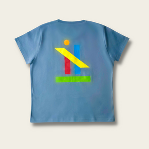 h clothing - back of blue grey tshirt with graphic of colourful geometric shapes
