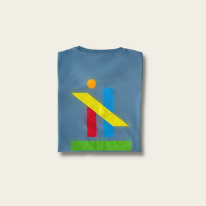 h clothing - back of folded blue grey tshirt with graphic of colourful geometric shapes