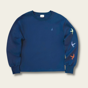 h clothing - flat shot of front of navy blue sweatshirt with blue h logo on left breast and colourful birds down the left arm