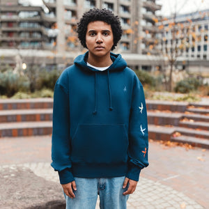 h clothing - male model facing the camera wearing navy hoodie with colourful birds on left arm