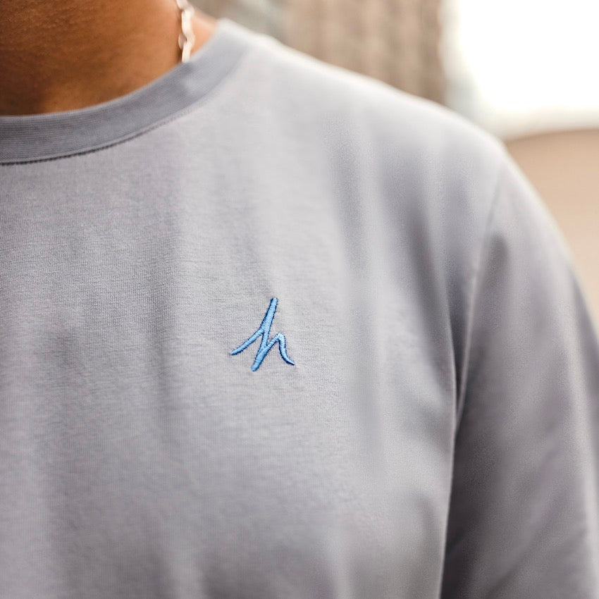 h clothing - close up of male model wearing pastel grey tshirt with blue h logo on left breast