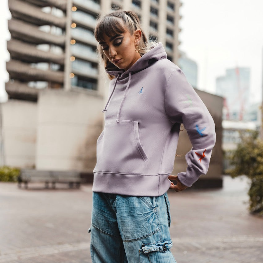 h clothing - female model facing the camera wearing light purple hoodie with colourful birds on left arm