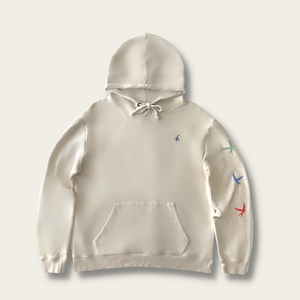 flat shot of front of off-white hoodie with blue h logo on left breast and colourful birds down the left arm