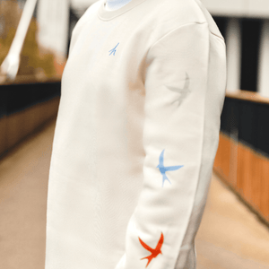 h clothing - close up of left arm of male model wearing off-white cream sweatshirt with colourful birds going down arm