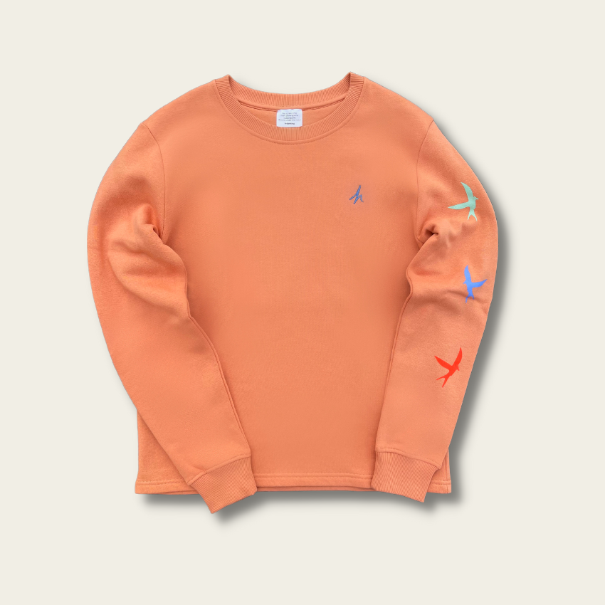 h clothing - flat shot of front of pastel orange sweatshirt with blue h logo on left breast and colourful birds down the left arm