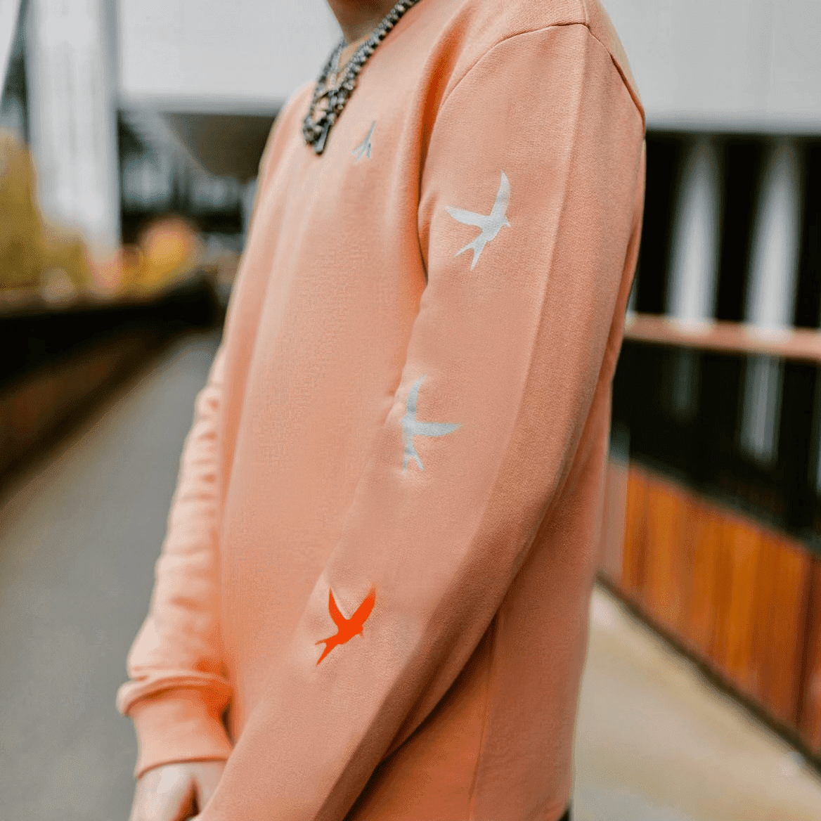 h clothing - close up of male model wearing pastel orange sweatshirt with blue h logo and colourful birds going down left arm