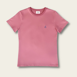 h clothing - flat shot of front of rose tshirt with blue h logo on left breast