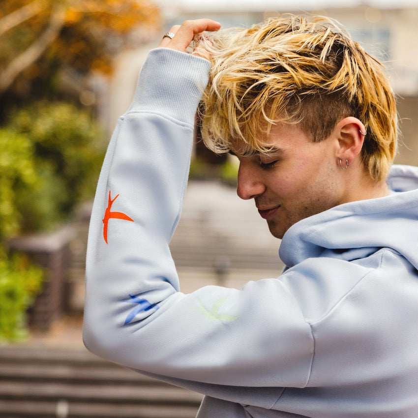 h clothing - close up of male model standing side on wearing sky blue hoodie with colourful birds on left arm