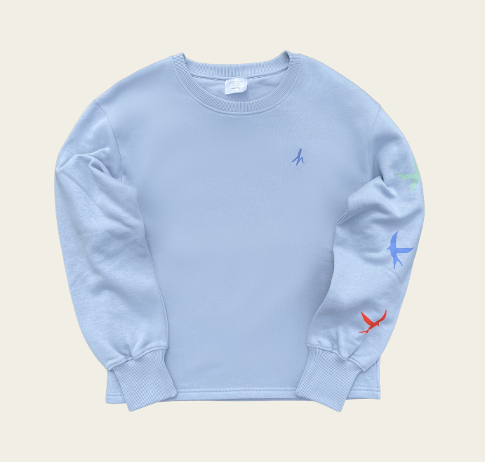 h clothing - sky blue sweatshirt with blue h logo and colourful birds going down left arm on white background