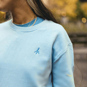 h clothing - close up of female model wearing sky blue sweatshirt with blue h logo