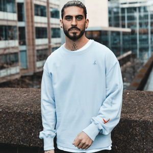 h clothing - male model facing the camera wearing sky blue sweatshirt with blue h logo and colourful birds going down left arm