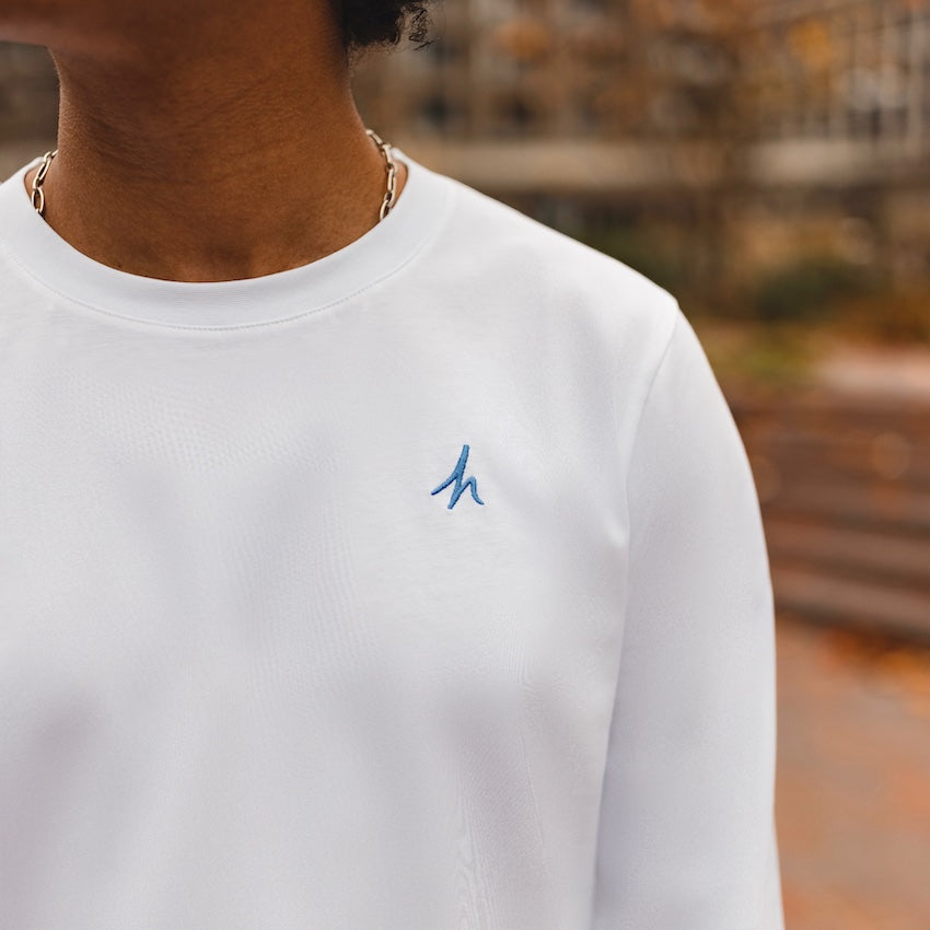 h clothing - close up of male model wearing white long sleeved tshirt with blue h logo on left breast