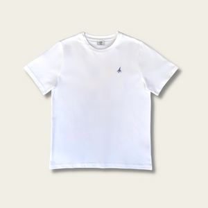 h clothing - flat shot of front of white tshirt with blue h logo on left breast