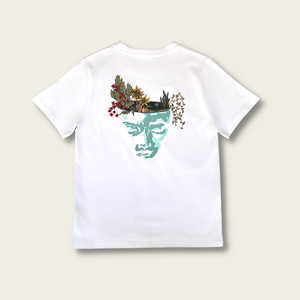 h clothing - flat shot of back of white tshirt with graphic of a face and a garden on top of the head